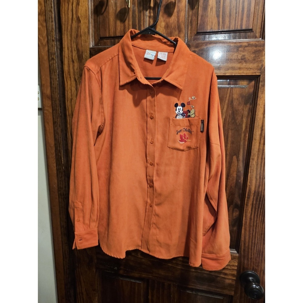 Disney Mickey Mouse XL Orange Velvet Button Up Shirt Leaves Fall Burnt Orange